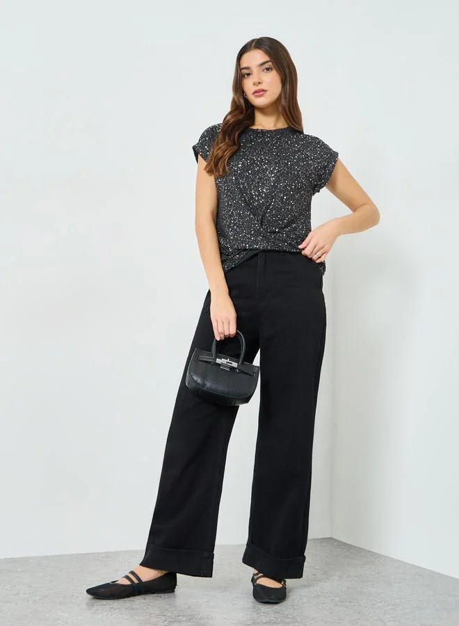 Take Two Black Embellished Cap Sleeve Top