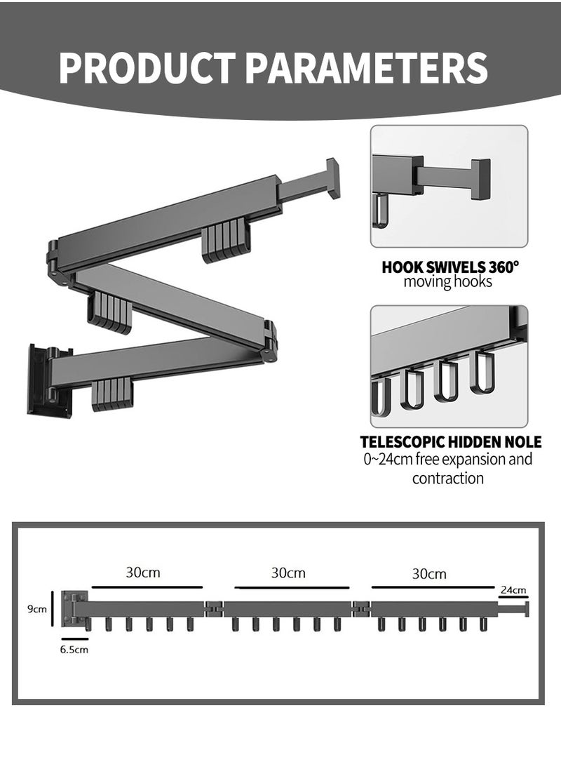 Telescopic Drying Rack, Foldable Aluminium Drying Rack, Wall Mounted Drying Rack, Rotatable Retractable 3-Part Non-Slip Clothes Rack 120.5cm x 9cm