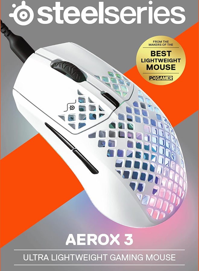SteelSeries Aerox 3 Super Light Wired Gaming Mouse, 8500 CPI TrueMove Core Optical Sensor, Water Resistant Design, Universal USB-C Connectivity, White | 62603 - Image 3