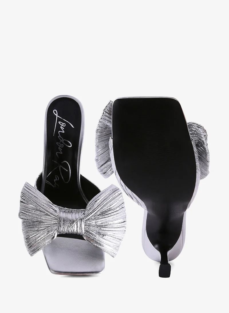 London Rag SH3155_SILVER Silver High Heeled Bow Slider Sandals for Women | Best Price UAE