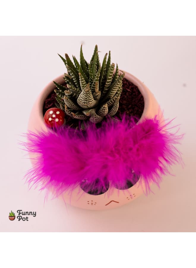 Decorative Handmade Pottery Plant Pot with natural cactus - pink - 10*8cm