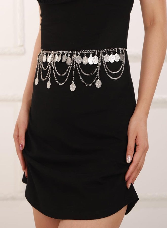 Wiwpar Boho Silver Sexy Multi Layer Metal Waist Chain Layered Body Chain Coin Belly Waist Chain Summer Beach Rave Body Jewelry for Women Disc Party Prom Wedding (Silver) - Image 4