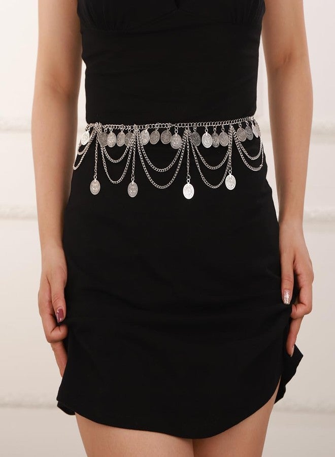 Wiwpar Boho Silver Sexy Multi Layer Metal Waist Chain Layered Body Chain Coin Belly Waist Chain Summer Beach Rave Body Jewelry for Women Disc Party Prom Wedding (Silver) - Image 3