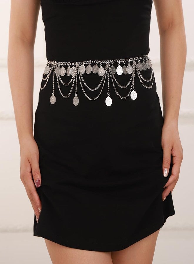 Wiwpar Boho Silver Sexy Multi Layer Metal Waist Chain Layered Body Chain Coin Belly Waist Chain Summer Beach Rave Body Jewelry for Women Disc Party Prom Wedding (Silver) - Image 2