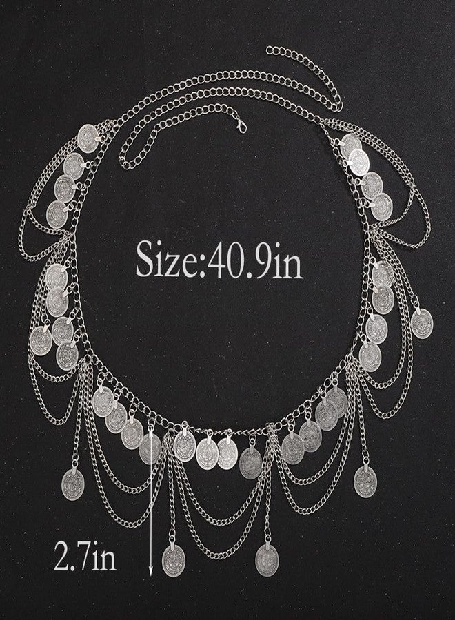 Wiwpar Boho Silver Sexy Multi Layer Metal Waist Chain Layered Body Chain Coin Belly Waist Chain Summer Beach Rave Body Jewelry for Women Disc Party Prom Wedding (Silver) - Image 5