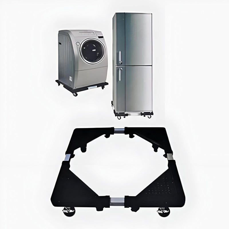 Appliance Stand - Adjustable 4-Wheel Base for Fridges and Washers, Black Plastic, Non-Slip, Smooth Rolling, Space-Saving
