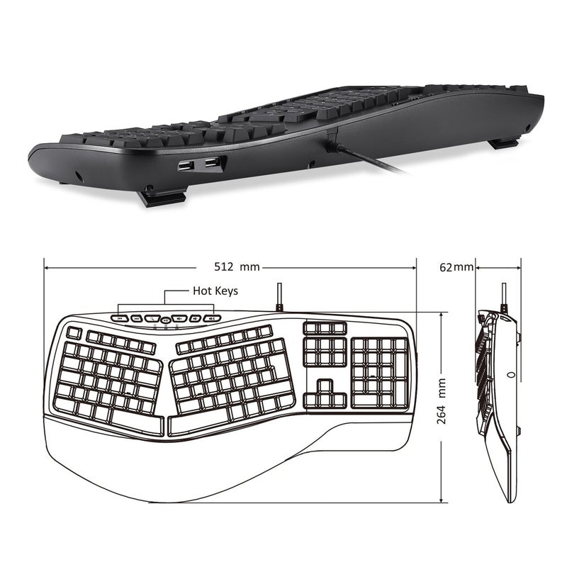 Perixx PERIBOARD-312 Ergonomic Backlit Keyboard - Wired USB with 2 Hubs - Natural Ergonomic Split Design - White LED - Black - Image 4