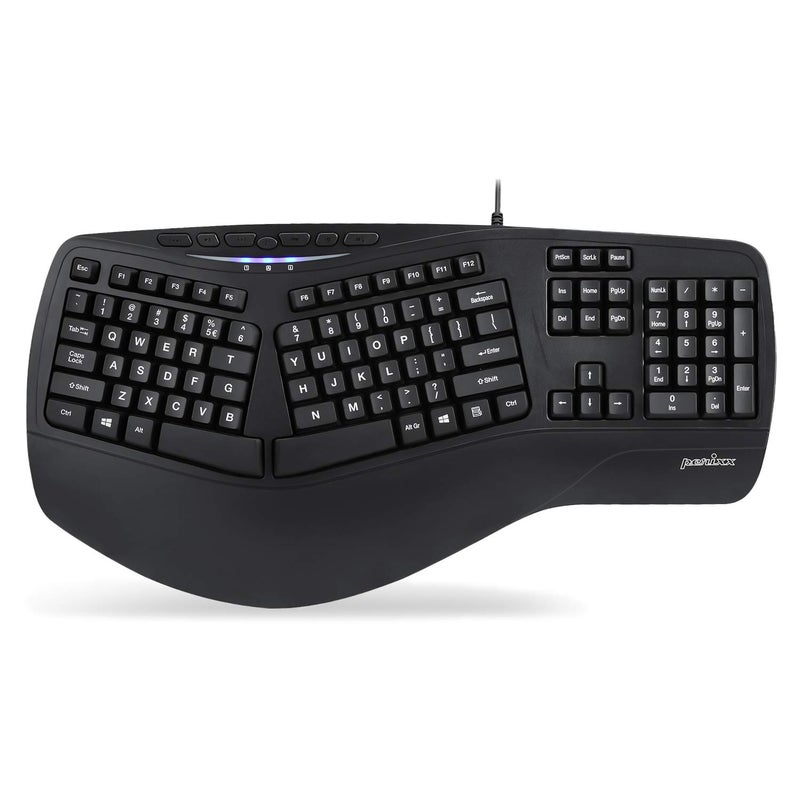 Perixx PERIBOARD-312 Ergonomic Backlit Keyboard - Wired USB with 2 Hubs - Natural Ergonomic Split Design - White LED - Black - Image 1