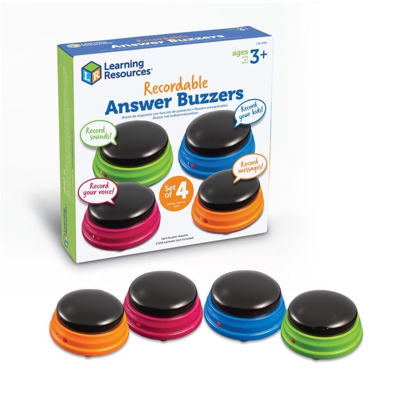 Learning Resources Recordable Answer Buzzers - Set of 4, Ages 3+ | Pre-K Personalized Sound Buzzers, Recordable Buttons, Game Show Buzzers, Perfect for Family Game and Trivia Nights - Image 1