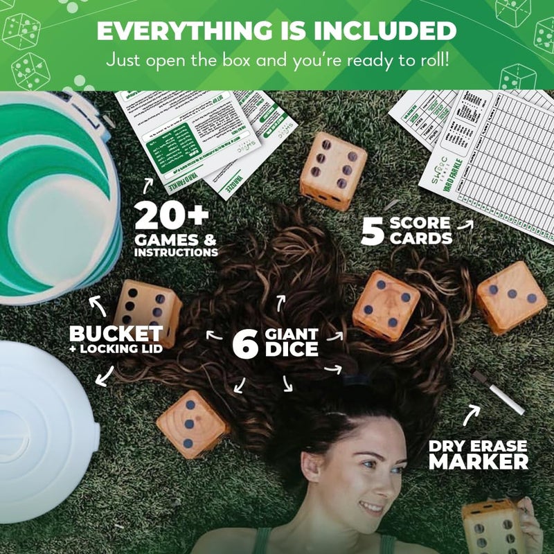 SWOOC Games - Yardzee  Farkle & 20+ Games - Light-Weight Yard Dice Game Set (All Weather) with Collapsible Bucket  5 Big Laminated Score Cards  and Marker (Choose 2.5in or 3.5in Dice) Yard Games - Image 5