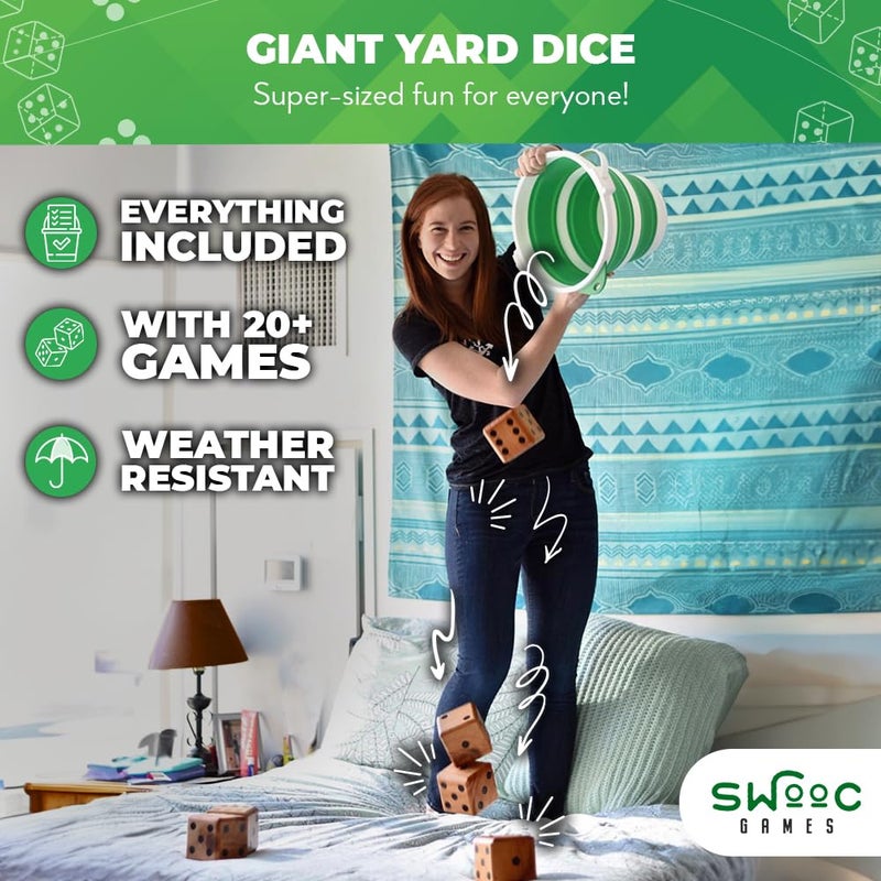 SWOOC Games - Yardzee  Farkle & 20+ Games - Light-Weight Yard Dice Game Set (All Weather) with Collapsible Bucket  5 Big Laminated Score Cards  and Marker (Choose 2.5in or 3.5in Dice) Yard Games - Image 4