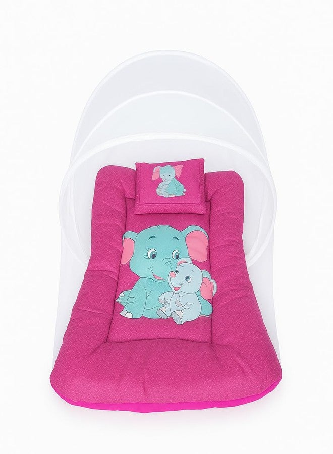 ink craft Baby Bed with Mosquito Net | Cotton Portable New Born Baby Bedding Set, Travel Friendly Insect Zip Protector, Sleeping Baby Playmats (Pink, Elephant) - Image 1