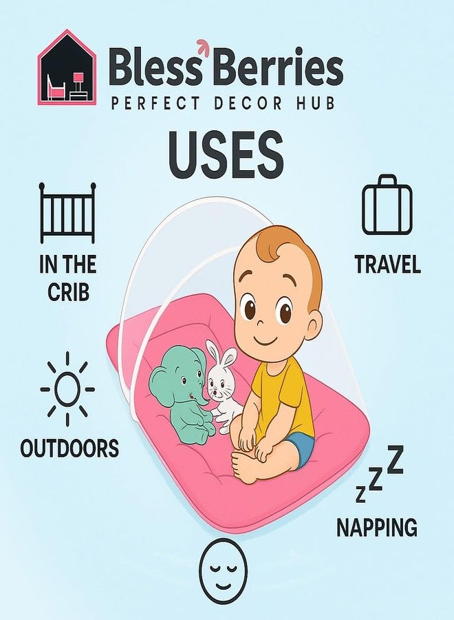 ink craft Baby Bed with Mosquito Net | Cotton Portable New Born Baby Bedding Set, Travel Friendly Insect Zip Protector, Sleeping Baby Playmats (Pink, Elephant) - Image 4
