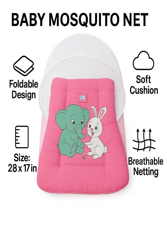 ink craft Baby Bed with Mosquito Net | Cotton Portable New Born Baby Bedding Set, Travel Friendly Insect Zip Protector, Sleeping Baby Playmats (Pink, Elephant) - Image 3