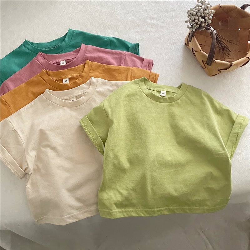 Korean Style Children'S Solid Color Cotton T-Shirt Boys And Girls Baby'S Short Sleeve Loose T Shoulder Top Base Shirt - Image 2