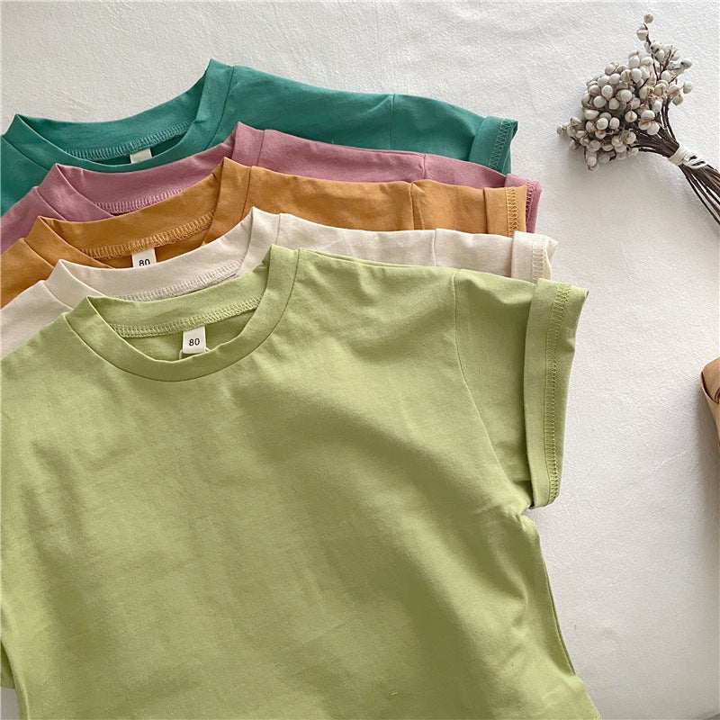 Korean Style Children'S Solid Color Cotton T-Shirt Boys And Girls Baby'S Short Sleeve Loose T Shoulder Top Base Shirt - Image 3
