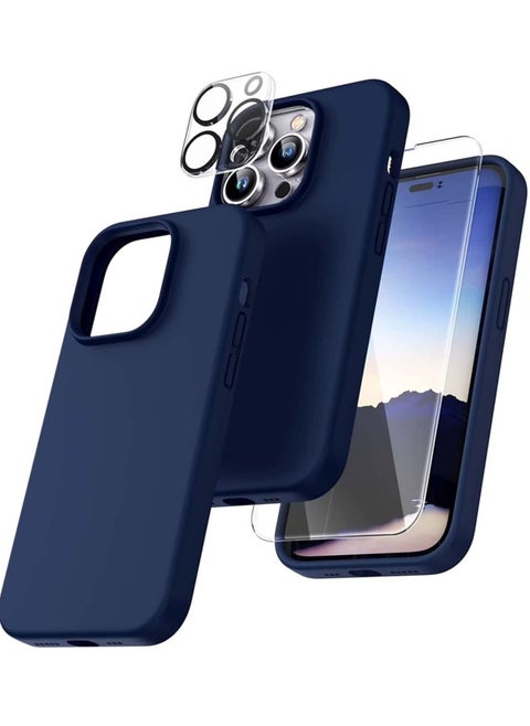 [5 in 1 for iPhone 14 Pro Max Case, 2 Screen Protector + 2 Camera Lens Protector, Slim Liquid Silicone Phone Case iPhone 14 Pro Max 6.7 Inch, [Anti-Scratch] [Drop Protection], Blue