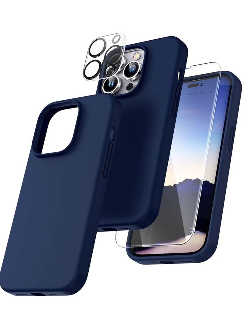 [5 in 1 for iPhone 14 Pro Max Case, 2 Screen Protector + 2 Camera Lens Protector, Slim Liquid Silicone Phone Case iPhone 14 Pro Max 6.7 Inch, [Anti-Scratch] [Drop Protection], Blue