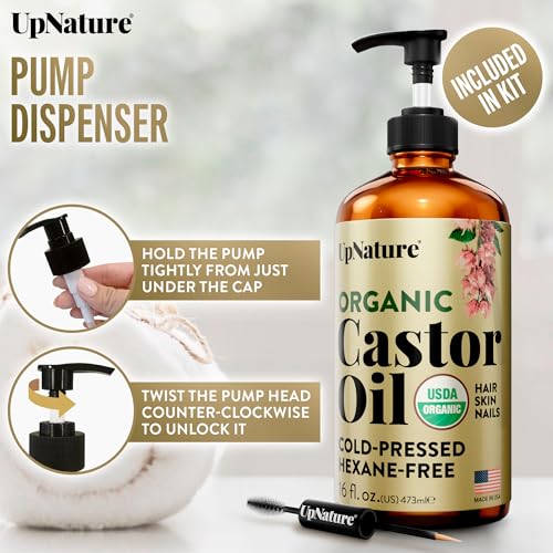 upnature زيت الخروع العضوي من أب ناتشر في زجاجة زجاجية (16 أونصة) 100% نقي مضغوط على البارد غير مكرر ل الشعر والبشرة والوجه (خالي من الهكسان) - Image 4