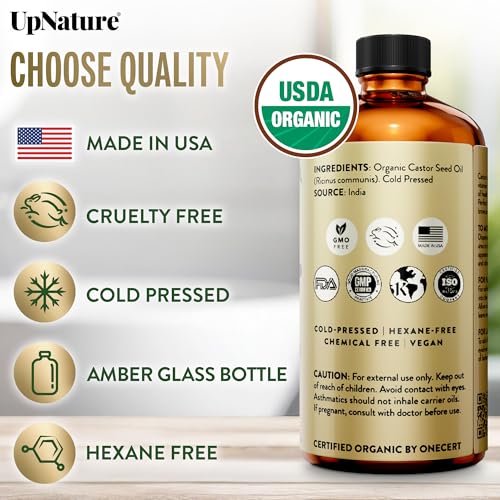 upnature زيت الخروع العضوي من أب ناتشر في زجاجة زجاجية (16 أونصة) 100% نقي مضغوط على البارد غير مكرر ل الشعر والبشرة والوجه (خالي من الهكسان) - Image 3