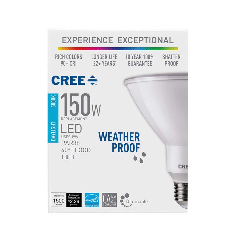 Cree Lighting PAR38 Weatherproof Outdoor Flood 150W Equivalent LED Bulb, 40 Degree Flood, 1500 lumens, Dimmable, Daylight 5000K, 25,000 Hour Rated Life, 90+ CRI | 1-Pack, White - Image 2