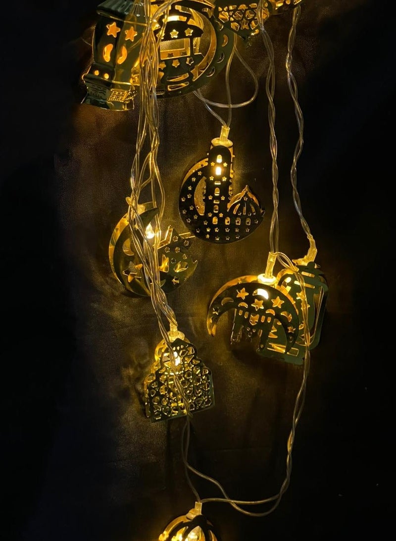 Ramadan Decoration - Metal Light String with 10 Pieces - Mosque, Crescent, and Lantern - Image 1
