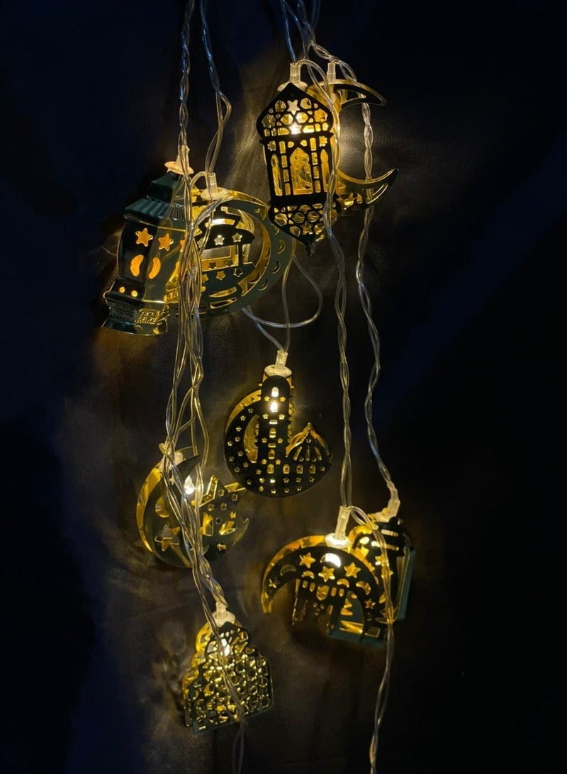 Ramadan Decoration - Metal Light String with 10 Pieces - Mosque, Crescent, and Lantern - Image 2