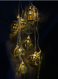Ramadan Decoration - Metal Light String with 10 Pieces - Mosque, Crescent, and Lantern