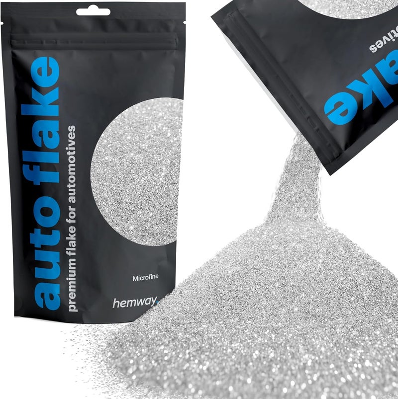 هيمواي حبيبات معدنية لامعة من Hemway Automotive، نوع MICROFINE، بحجم 1/256" (0.004")، سمك 0.1 مم، وزن 100 ميكرون، للاستخدام مع أنواع الطلاء بالرش للسيارات والدراجات والمركبات التجارية والشاحنات (بلون فضي). - Image 1