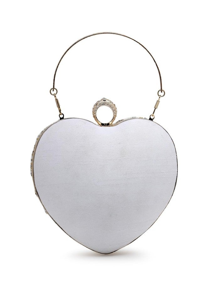 Anekaant Amour White & Champagne Heart Shaped Floral Embellished Faux Silk Clutch - Image 5