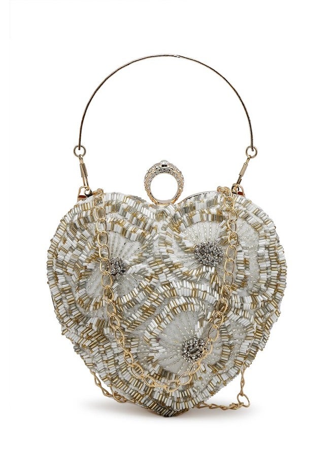Anekaant Amour White & Champagne Heart Shaped Floral Embellished Faux Silk Clutch - Image 1