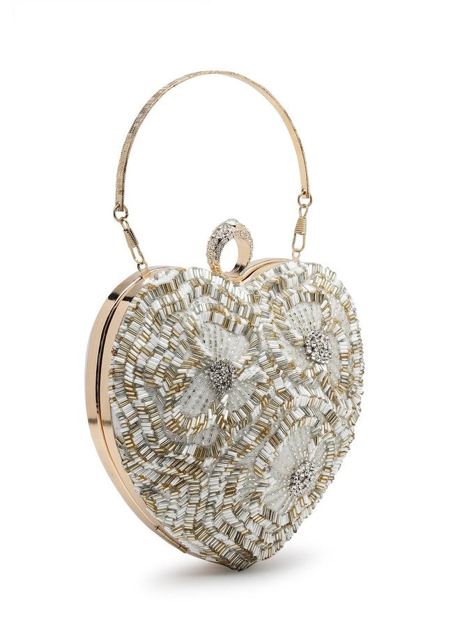 Anekaant Amour White & Champagne Heart Shaped Floral Embellished Faux Silk Clutch - Image 4