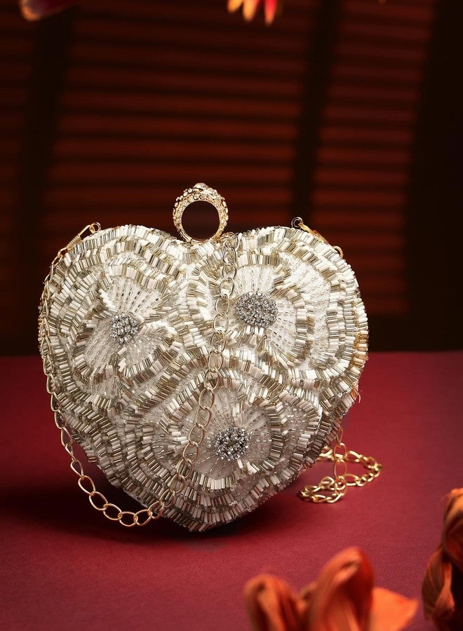 Anekaant Amour White & Champagne Heart Shaped Floral Embellished Faux Silk Clutch - Image 2