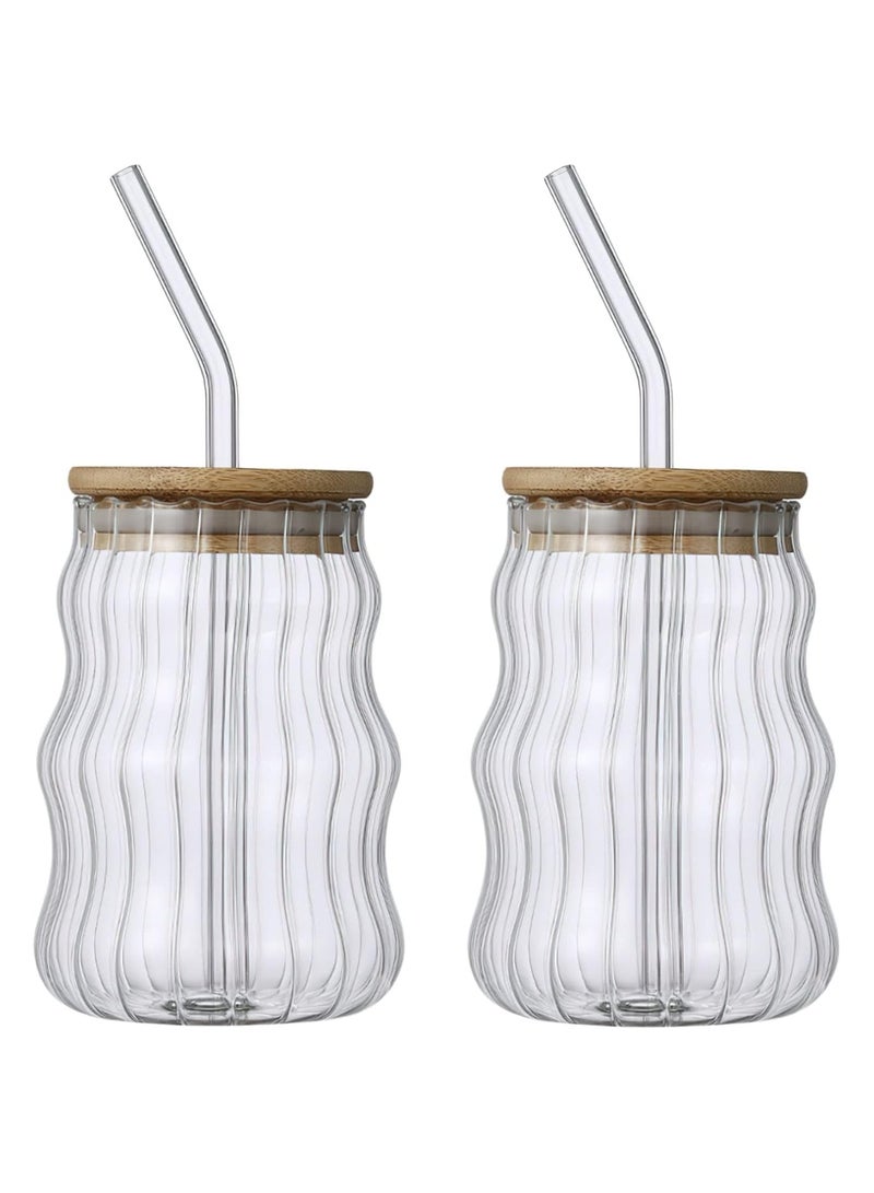 Excefore Creative Drinking Glasses, 17oz set of 2 Wave Shaped Glass Cups with Lids and Straws Ice Coffee Glasses Vintage Ribbed Glassware for Juice Beverage  - Image 1