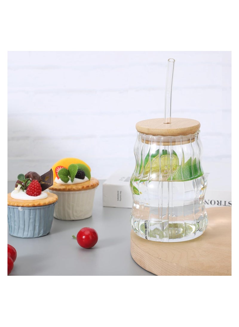 Excefore Creative Drinking Glasses, 17oz set of 2 Wave Shaped Glass Cups with Lids and Straws Ice Coffee Glasses Vintage Ribbed Glassware for Juice Beverage  - Image 4