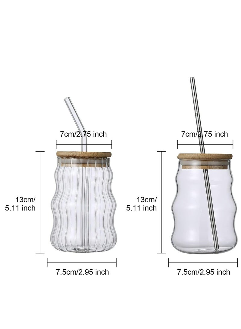Excefore Creative Drinking Glasses, 17oz set of 2 Wave Shaped Glass Cups with Lids and Straws Ice Coffee Glasses Vintage Ribbed Glassware for Juice Beverage  - Image 5