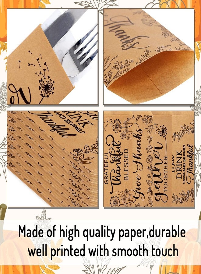 Whaline حقائب أدوات المائدة الفضية من واهلين 100 حزمة بتصميم ريفي مزرعة من ورق كرافت لحفظ أدوات المائدة للاحتفال بعيد الشكر، قابلة لإعادة الاستخدام لتزيين طاولة عيد الشكر، مستلزمات حفلات حصاد الخريف - Image 3