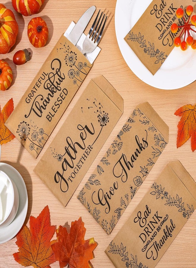 Whaline حقائب أدوات المائدة الفضية من واهلين 100 حزمة بتصميم ريفي مزرعة من ورق كرافت لحفظ أدوات المائدة للاحتفال بعيد الشكر، قابلة لإعادة الاستخدام لتزيين طاولة عيد الشكر، مستلزمات حفلات حصاد الخريف - Image 5