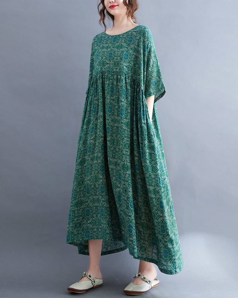 ellazhu Women Casual Loose Midi Ankle Length Florals Print Short Sleeve Crewneck Dress GA2528 Green03 - Image 2