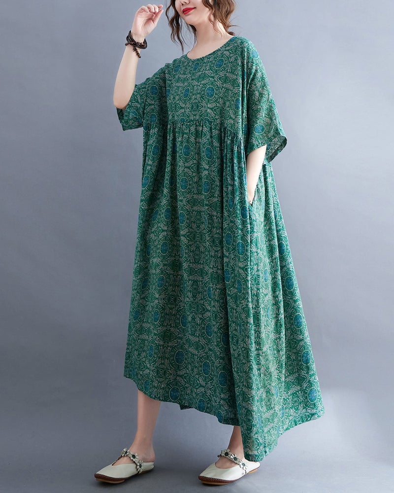 ellazhu Women Casual Loose Midi Ankle Length Florals Print Short Sleeve Crewneck Dress GA2528 Green03 - Image 4