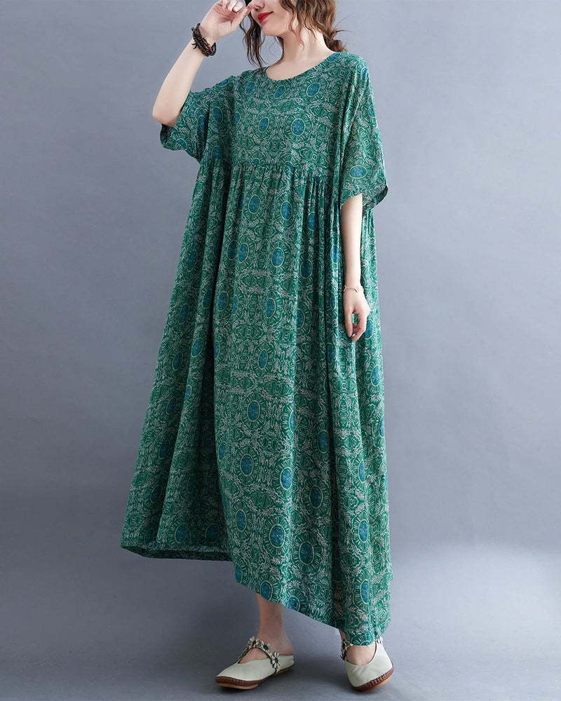 ellazhu Women Casual Loose Midi Ankle Length Florals Print Short Sleeve Crewneck Dress GA2528 Green03 - Image 3