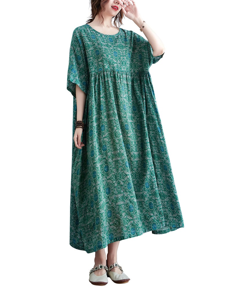 ellazhu Women Casual Loose Midi Ankle Length Florals Print Short Sleeve Crewneck Dress GA2528 Green03 - Image 1