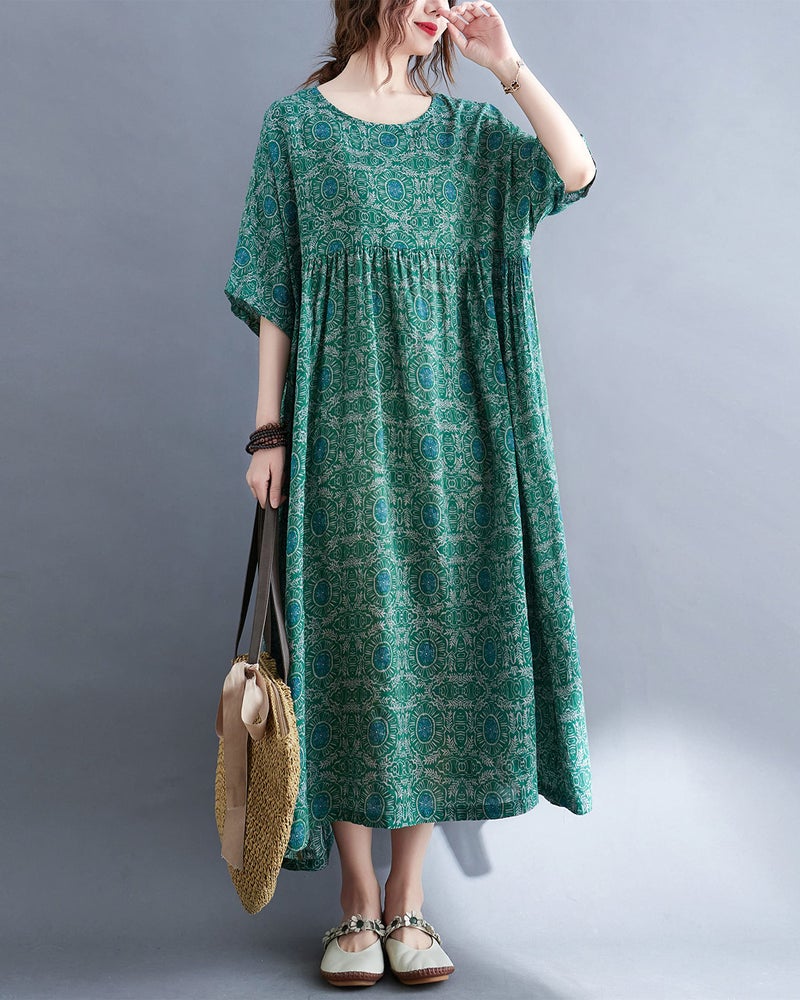 ellazhu Women Casual Loose Midi Ankle Length Florals Print Short Sleeve Crewneck Dress GA2528 Green03 - Image 5