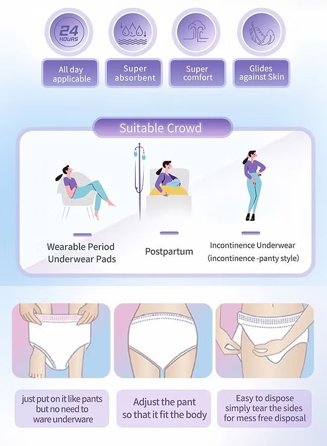 سراويل الدورة الشهرية النسائية للاستخدام مرة واحدة، مقاس متوسط ​​- فوط صحية ليلية لسلس البول والتدفق الغزير، مانعة للتسرب، رقيقة للغاية، تسمح بمرور الهواء، سراويل الدورة الشهرية النهارية، تغطية 360 درجة لتوفير أقصى حماية وراحة (37-40 بوصة) - Image 3