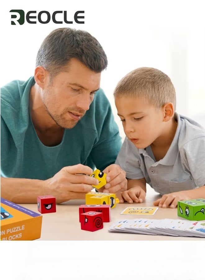 REOCLE 82 Pcs Wooden Expression Puzzle Matching Block Puzzles Building Cubes Toy Early Educational Montessori Toys with Hourglass and Ringing Bell Creative Toys Face Changing Cube Gift for Kids Boys & Girls - Image 5