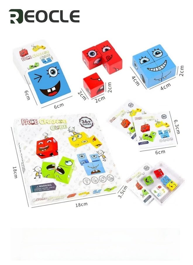 REOCLE 82 Pcs Wooden Expression Puzzle Matching Block Puzzles Building Cubes Toy Early Educational Montessori Toys with Hourglass and Ringing Bell Creative Toys Face Changing Cube Gift for Kids Boys & Girls - Image 3