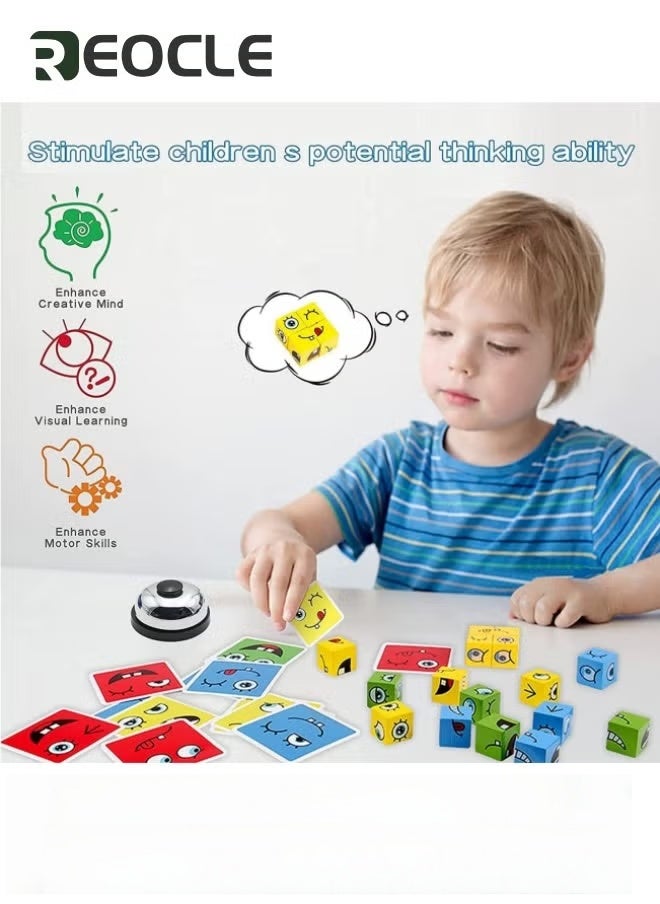 REOCLE 82 Pcs Wooden Expression Puzzle Matching Block Puzzles Building Cubes Toy Early Educational Montessori Toys with Hourglass and Ringing Bell Creative Toys Face Changing Cube Gift for Kids Boys & Girls - Image 4