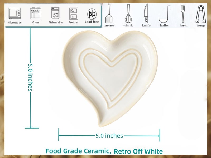 Rhobtyne Ceramic Spoon Rest for Stove Top, Heart Cute Spoon Rest for Kitchen Counter, Cooking Spoon Holder for Kitchen Counter, Utensil Rest Spatula Rest Ladle Holder Tong Rest (Retro White) - Image 4
