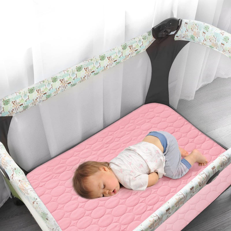 Biloban Pack and Play Protector Sheets Waterproof 2 Pack, Quilted Playard Mattress Pad Cover Fitted Fits for Graco Pack n Play Playard Mattress/Playpen Mattress, Gray & Pink, 39" x 27" - Image 2