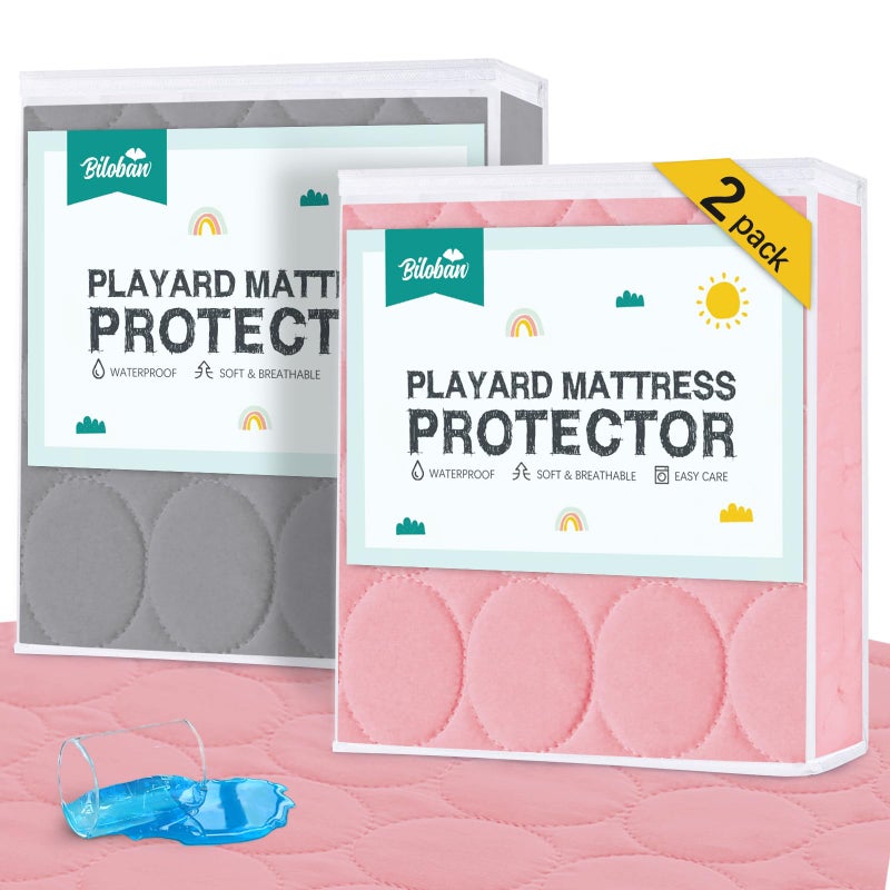 Biloban Pack and Play Protector Sheets Waterproof 2 Pack, Quilted Playard Mattress Pad Cover Fitted Fits for Graco Pack n Play Playard Mattress/Playpen Mattress, Gray & Pink, 39" x 27" - Image 1